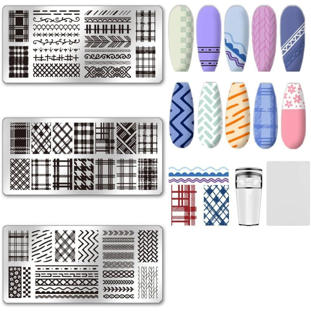 Nail Stamping Plate - 3-teiliges Nagelstempelplatten-Set Gitter-Textur Nagelstempelplatte Textur-Bild Nagelschablonen