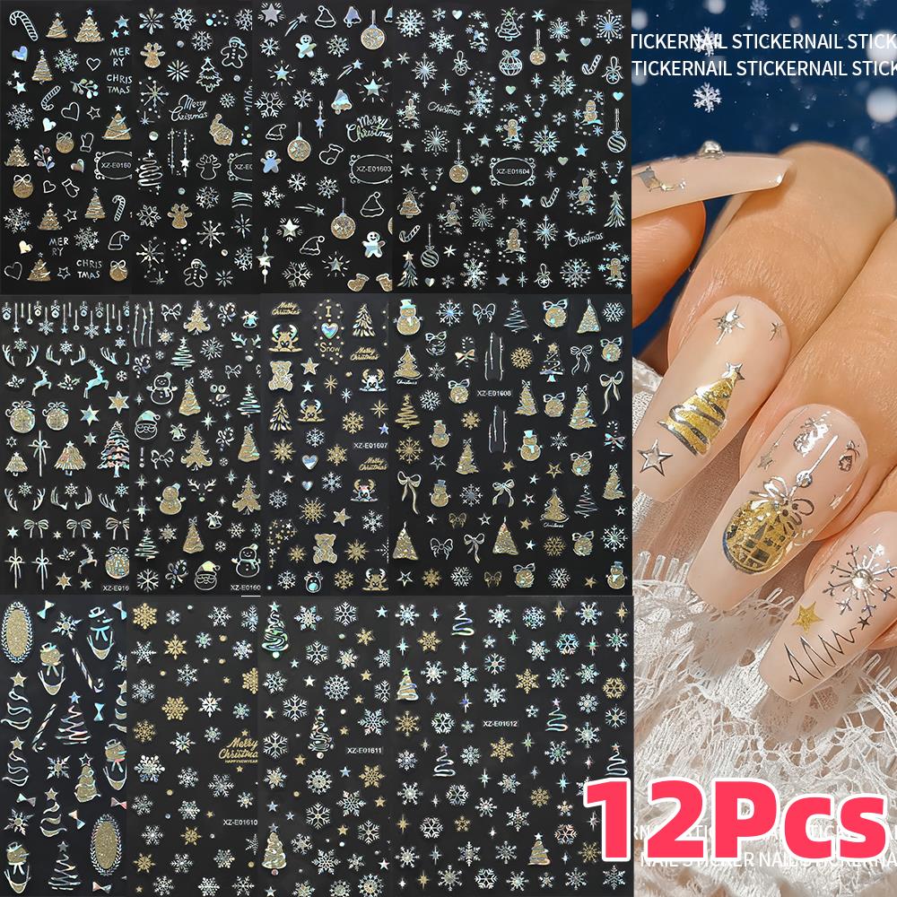 Nail Art Xmas Design - 12 Stücke 3D Laser Silber Weihnachten