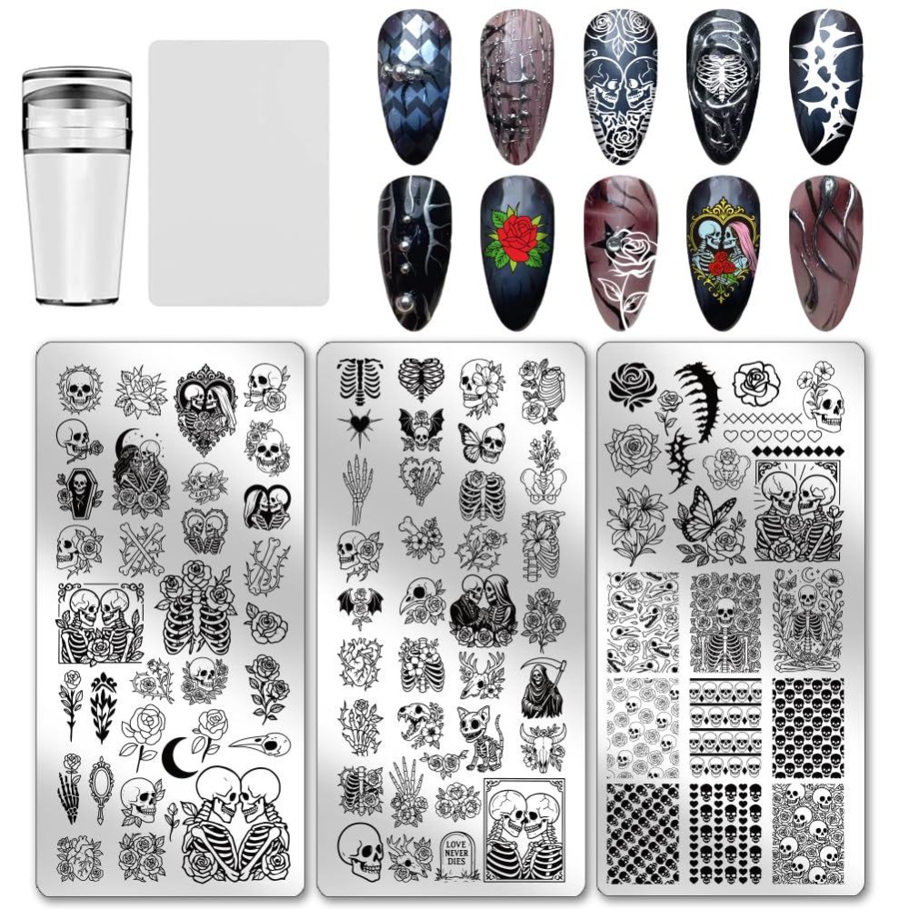 Nail Stamping Plate - 3er-Set Totenkopf-Nagelstempelplatten: Knochen-Skelett-Blumen-Nagelkunst-Vorlagen, Gothic Totenkopf-Kunstschablonen-Bildplatten mit