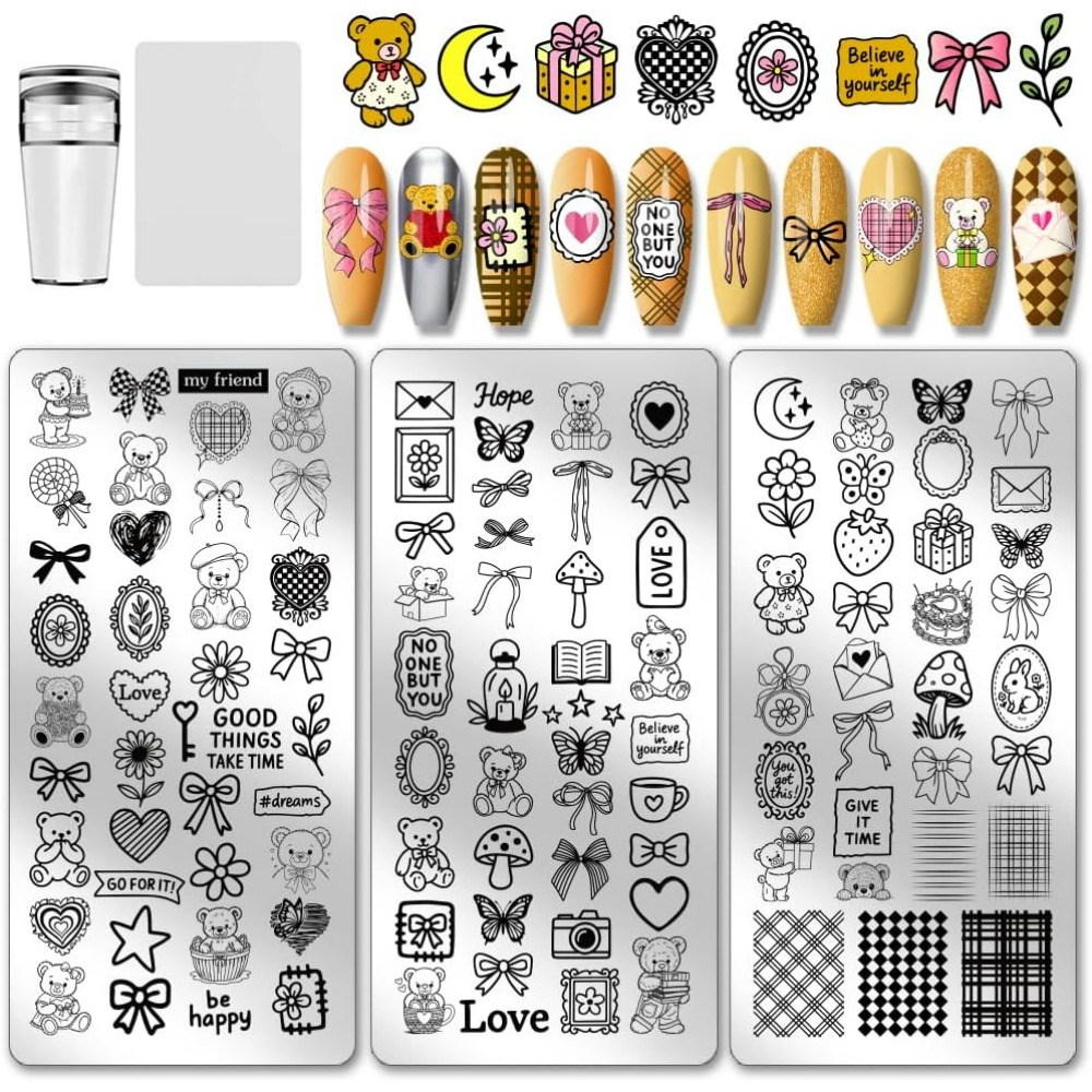 Nail Stamping Plate - 3 Stück Niedliche Bären-Nagelstempelplatten, Schleifen, Herzen,