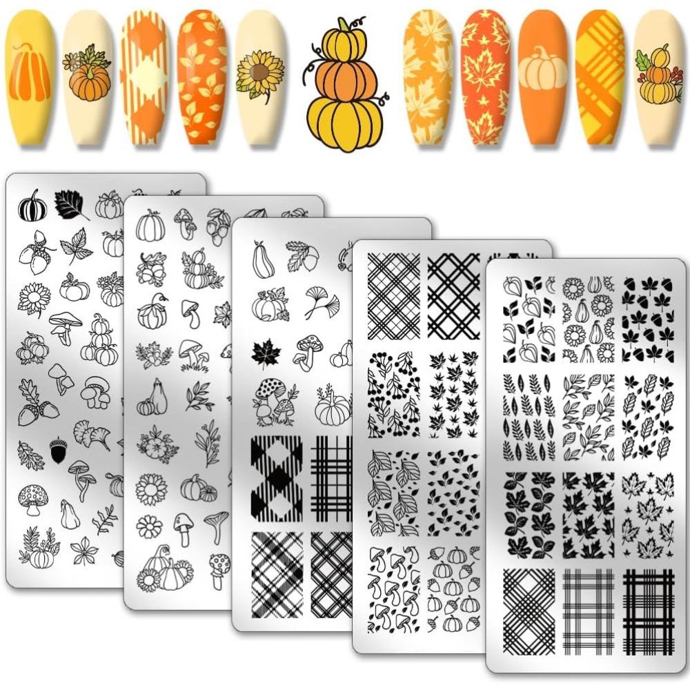 Nail Stamping Plate - Herbstliche Thanksgiving-Nagelstempelplatten, 5 Stück, Kürbis-Ahorn-Nagelkunstplatte für