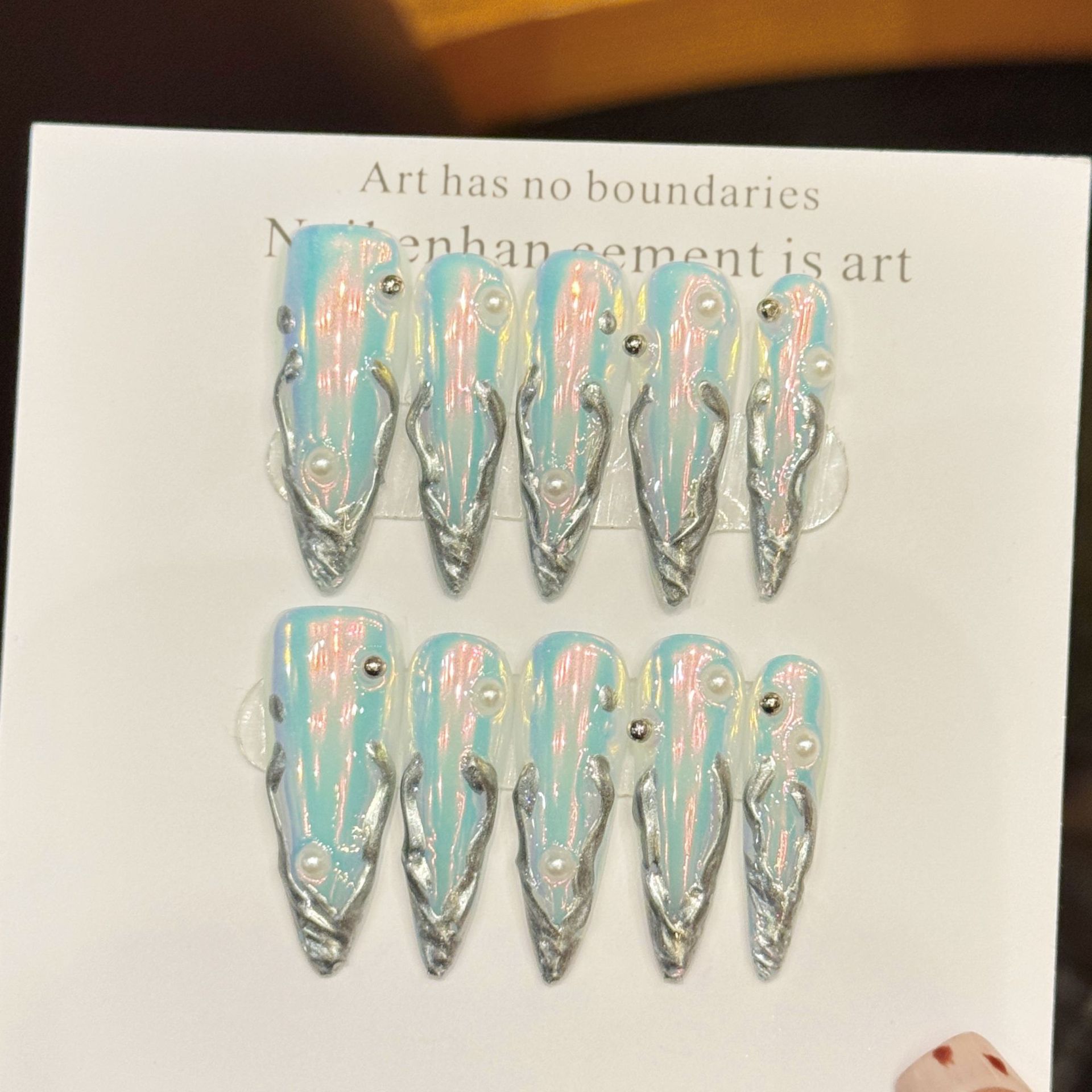 Nail Art Fake - 10 Stück Silber Aurora Lange Stiletto