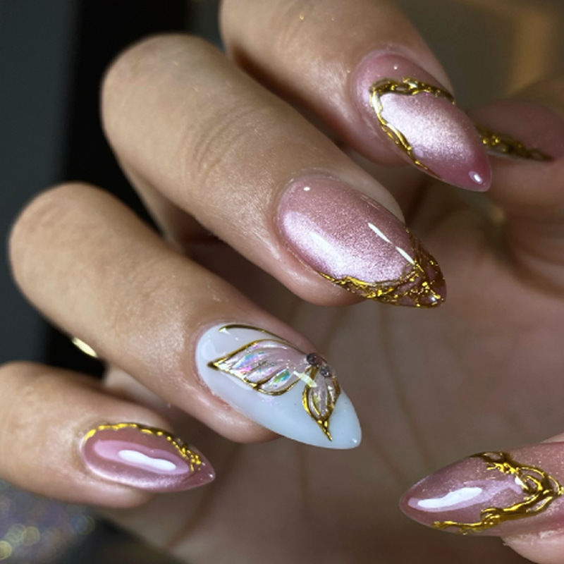 Nail Art Cat Eye Simple - Katzenaugen-Mandel-Kunstnägel mit goldenem Schmetterlingsmuster, einfache französische