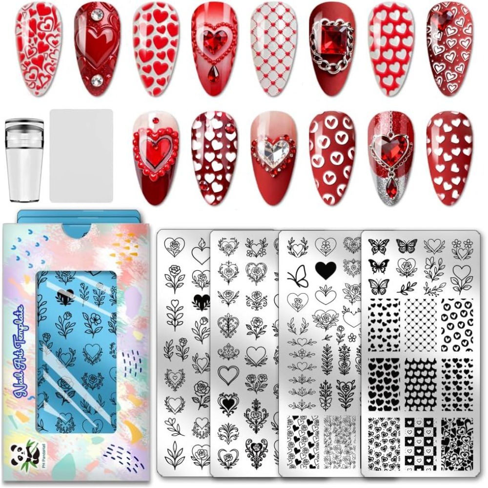 Nail Stamping Plate - 4 Stück Herz-Nagelstempelplatten, Liebes- und Rosenblüten-Nagelkunstmuster,