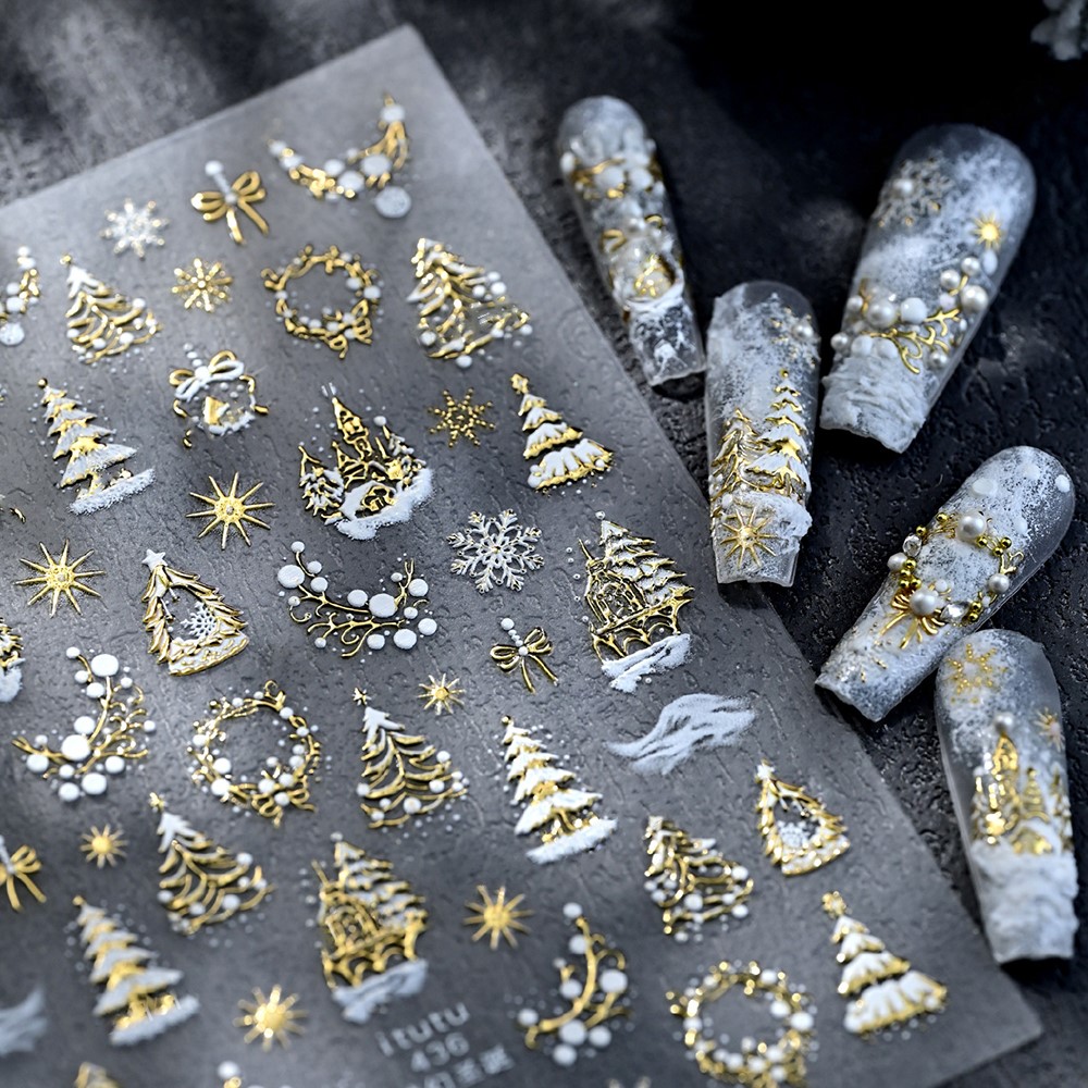 Nail Art Xmas Design - 5D geprägte Gold Schloss/Girlande/Weihnachtsbaum Nagelaufkleber weiße