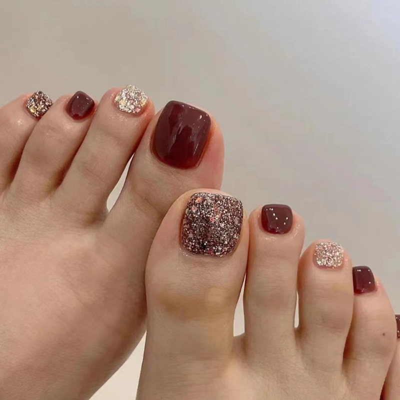 Nail Art Red Wine - 24 Stück Weinrote Kurze Eckige Zehennägel