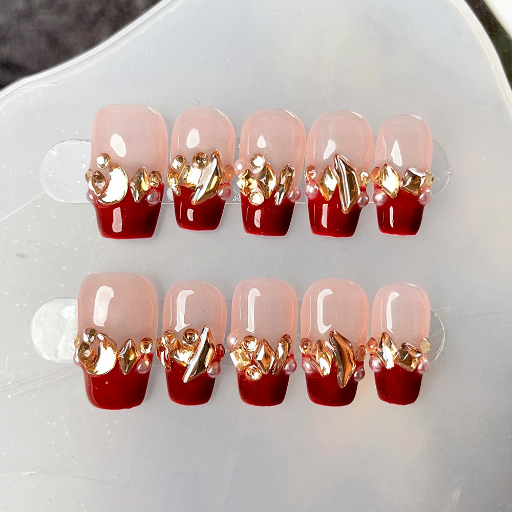 Nail Art Red Wine - 10 Stück kurze, trapezförmige, handgefertigte Press-On-Nägel,