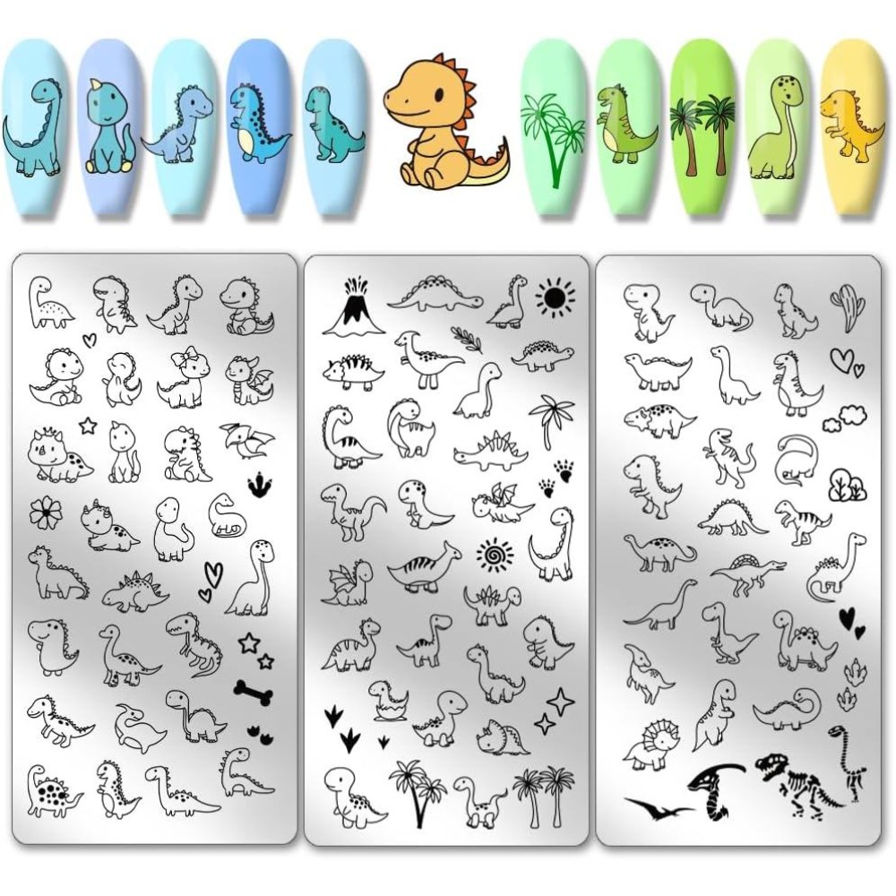 Nail Stamping Plate - 3er-Set Dinosaurier-Nagelstempelplatten: Niedliche kleine Dinosaurier-Nagelkunst-Vorlagen, Liebes-,