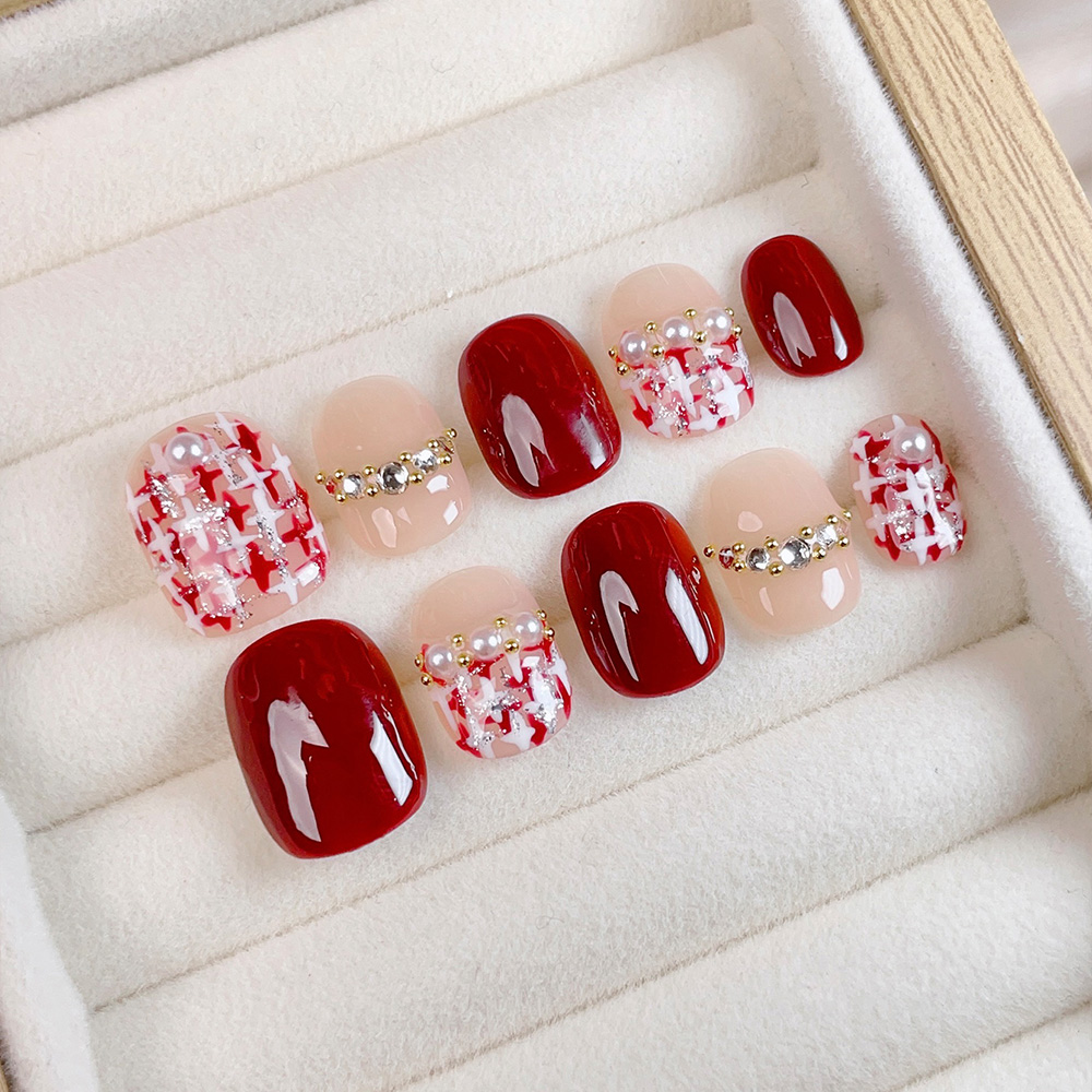 Nail Art Red Wine - 10 Stück Kurze Quadratische Runde Handgefertigte